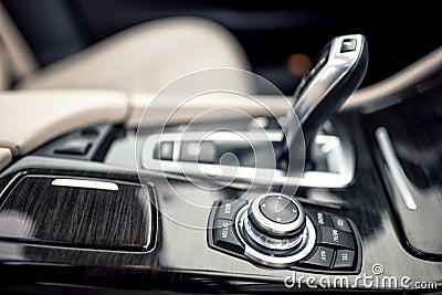 Details of minimalist design concept of modern car - close-up details of automatic transmission and gear stick Stock Photo