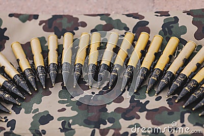 Details with 20mm ammunition for a military helicopter gun Stock Photo