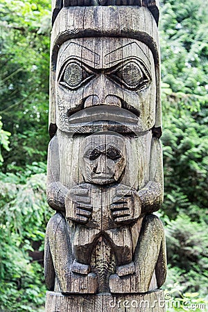 Details on an Old Alaskan Totem Pole Stock Photo