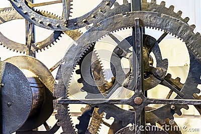 Details of the old clockwork of the 19th century in the Museum of Kolomensky Park Moscow Editorial Stock Photo