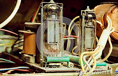 Details of an old tube amp inside the radio or turntable Stock Photo