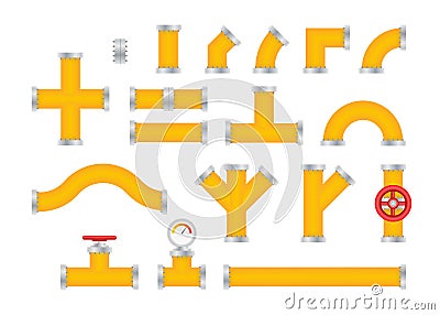 Details pipes different types collection of water tube industry gas valve construction Vector Illustration