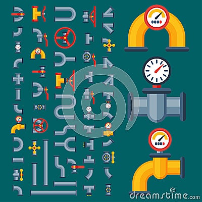 Details pipes different types collection of water tube industry gas valve construction and oil industrial pressure Vector Illustration