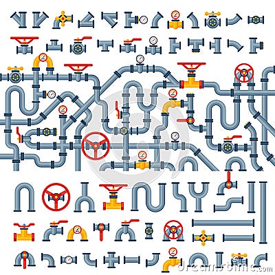 Details pipes different types collection of water tube industry gas valve construction and oil industrial pressure Vector Illustration