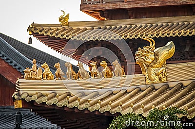 Details of roof on Buddhist Jing An Tranquility Temple - Shanghai, China Stock Photo