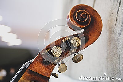Details with the scroll, peg box, nuts, machine heads, tuning keys and tuners the headstock of a double bass Stock Photo