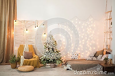 Details of still life in the home interior living room, bedroom. Cozy autumn-winter concept. Beautiful apartment decorated for Chr Stock Photo