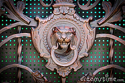 Details, structure and ornaments of forged iron gate. Lion decor Stock Photo