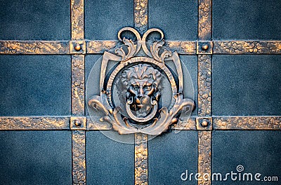 Details, structure and ornaments of forged iron gate. Lion decor Stock Photo