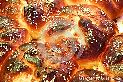 Details of traditional homemade pie called Poale-n brau in Bucovina / Moldova region, Romania, with extra sesame seeds on top Stock Photo