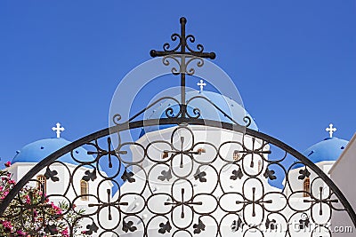 Details of a typical greek church with blue domes in Perissa, Santorini, Greece Stock Photo