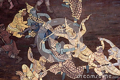 Wall paintings depicting the myth of Ramakien in the Wat Phra Kaew Palace, also known as the Emerald Buddha Temple. Bangkok, Thail Stock Photo