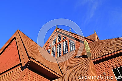 Details of Wooden Kiruna Church in Summer with blue Sky, Northern Sweden Stock Photo