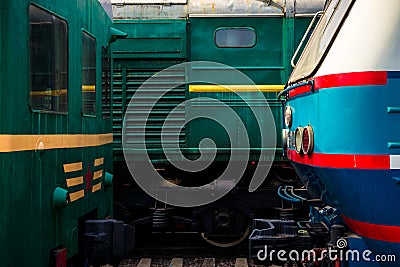 Detais of electrical locomotives head to head on the rails. Play Stock Photo