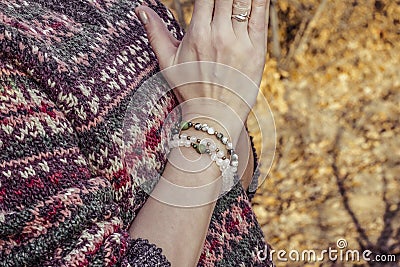 Detal of woman doing namaste hand mudra pose Stock Photo