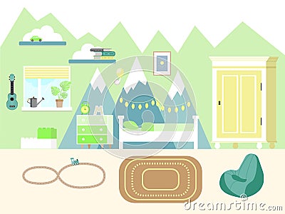 Kids room vector illustration in flat style with wardrobe, books, ukulele guitar, bed, chest of drawers and toys. Children`s room Vector Illustration