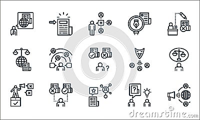 detecting fake news line icons. linear set. quality vector line set such as propaganda, share, fake news, guru, censor, moral, Vector Illustration