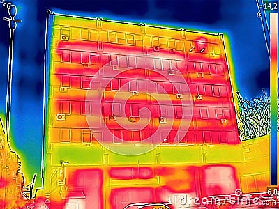 Detecting Heat Loss Outside building with Infrared Thermal Camera Stock Photo