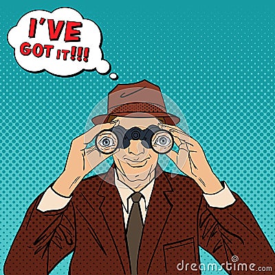 Detective with Binoculars. Man in Hat Spying for Somebody Vector Illustration