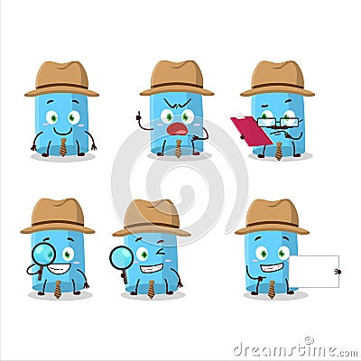 Detective blue chalk cute cartoon character holding magnifying glass Vector Illustration