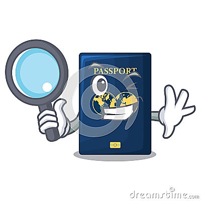 Detective blue passport above character wooden table Vector Illustration