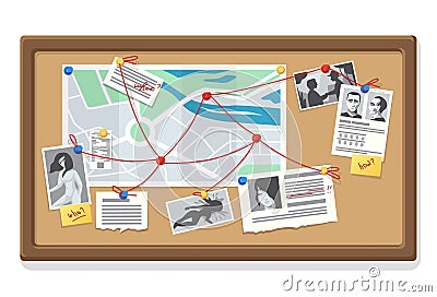 Detective board. Police evidence collection with map notes and traces. Photos of victims and suspects to blackboard Vector Illustration