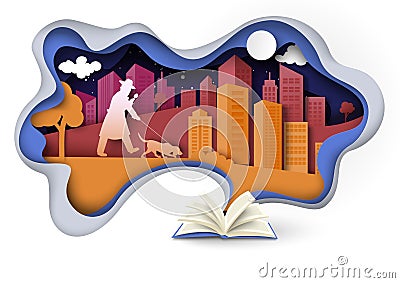 Detective book papercut design with investigator and dog Vector Illustration