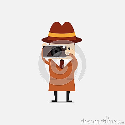 Detective with camera. Detective spies. Police detective and inspector cartoon. Vector Illustration