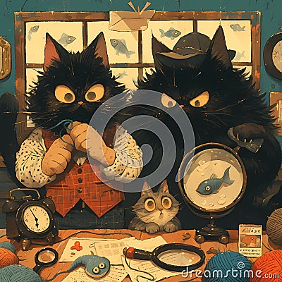 Detective Cats Solve Mystery (Illustration) Cartoon Illustration