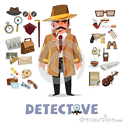 Detective character design with equipment. icon set elements - v Cartoon Illustration