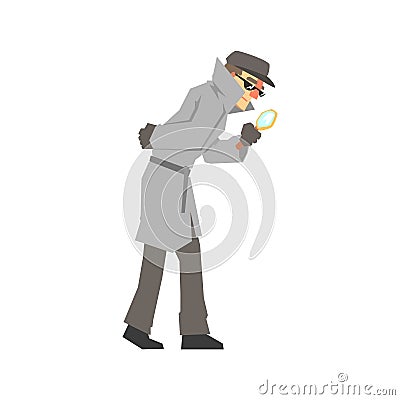 Detective character looking through magnifying glass, confident detective in gray coat searching vector Illustration Vector Illustration