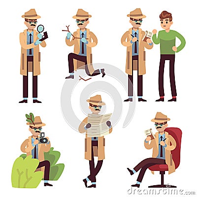 Detective character. Police inspector looking crime photographing case search secret agent solving spy detect cartoon Vector Illustration