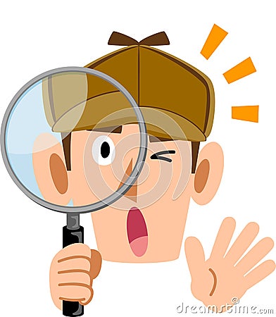 Detective face peeping into the magnifying glass Surprise Vector Illustration