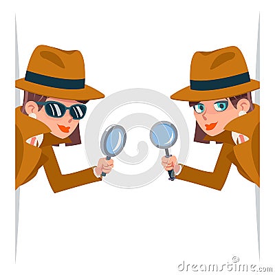 Detective female snoop magnifying glass tec peeking out corner search help noir cute character cartoon design isolated Vector Illustration