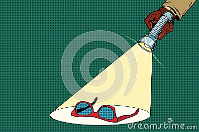 Detective flashlight beam shines on womens red sunglasses Vector Illustration