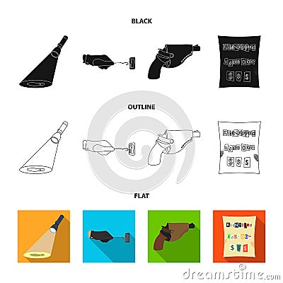 The detective flashlight illuminates the footprint, the criminal hand with the master key, a pistol in the holster, the Vector Illustration