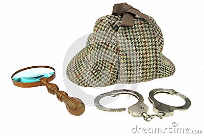 Detective Hat, Retro Magnifer and Real Handcuffs Stock Photo