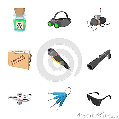 Detective icons set, cartoon style Vector Illustration