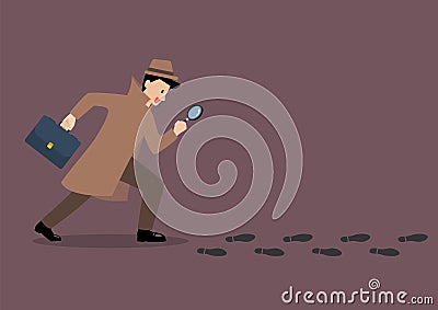 Detective investigate is following footprints with magnifying glass Vector Illustration