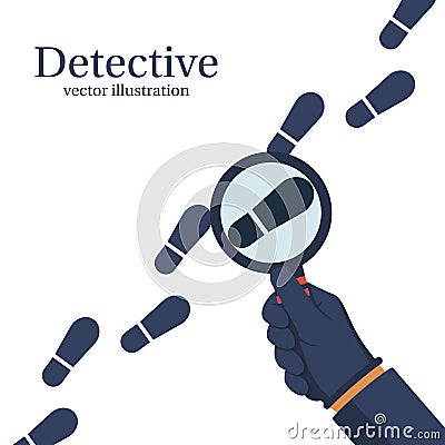 Detective is investigating. Human in gloves holds a magnifying g Vector Illustration