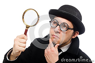 Detective with magnifying glass isolated on white Stock Photo
