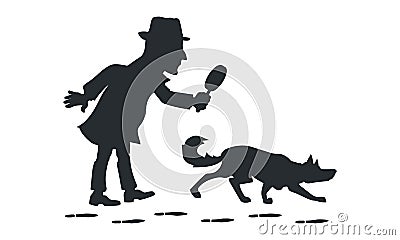 Detective with magnifying glass and tracker dog silhouette Vector Illustration