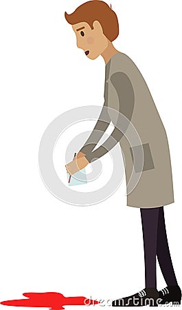 Detective medical examiner taking blood samples on floor at crime scene vector icon isolated on white Vector Illustration