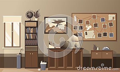 Detective office interior. Crime and criminal evidence. Wall board, wits and deduction system. Vector flat style cartoon Vector Illustration