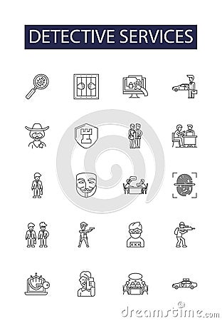 Detective services line vector icons and signs. Surveillance, Probing, Analyzing, Sleuthing, Inquiry, Espionage Vector Illustration