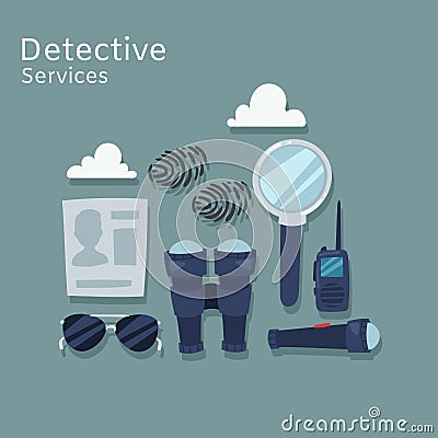 Detective services vector flat illustration. Magnifying glass, mobile, traces, thumb-print and evidence. Spy equipment Vector Illustration