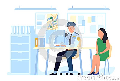 Detective sits at desk and interrogates woman. Police station. Policeman talking with witness. Searching evidences Vector Illustration