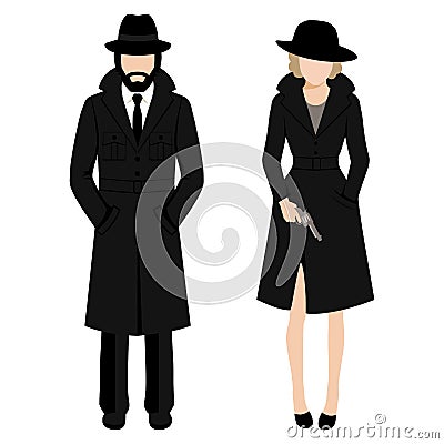 Detective spy man and woman character. private ivestigation agent. mafia gangster Vector Illustration