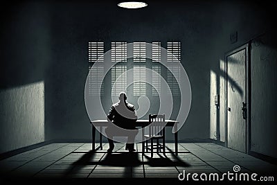 Detective waiting for suspicion in the interrogation room. Generative AI Stock Photo