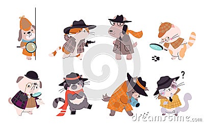 Detectives characters. Cats and dogs investigating, funny detective cartoon characters. Looking magnifying glass and Vector Illustration